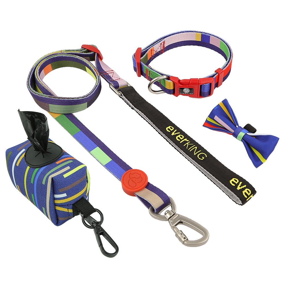 Blue striped dog leash collar set of 7 pieces